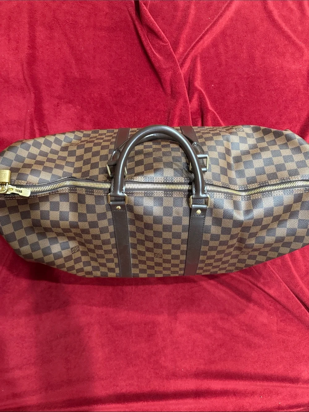 Louis Vuitton Classic Brown Checkered Canvas Duffel Bag with Dark Trim